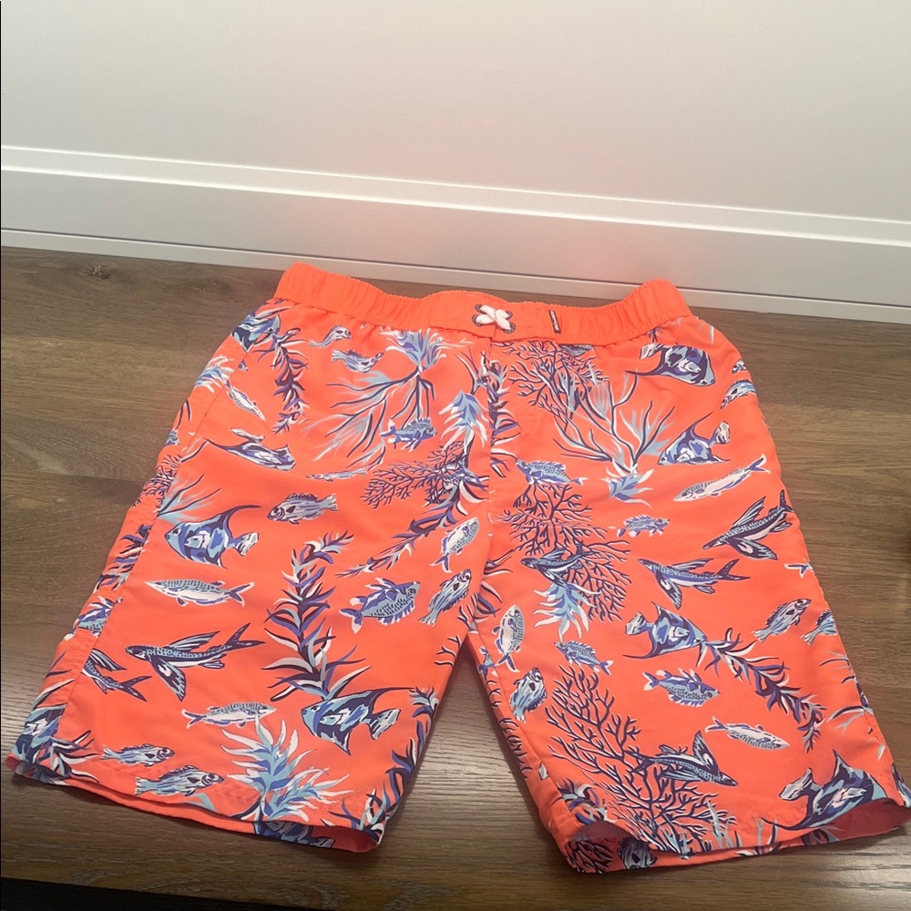 Kids Swim Trunks - Vibrant Orange with Fish Print